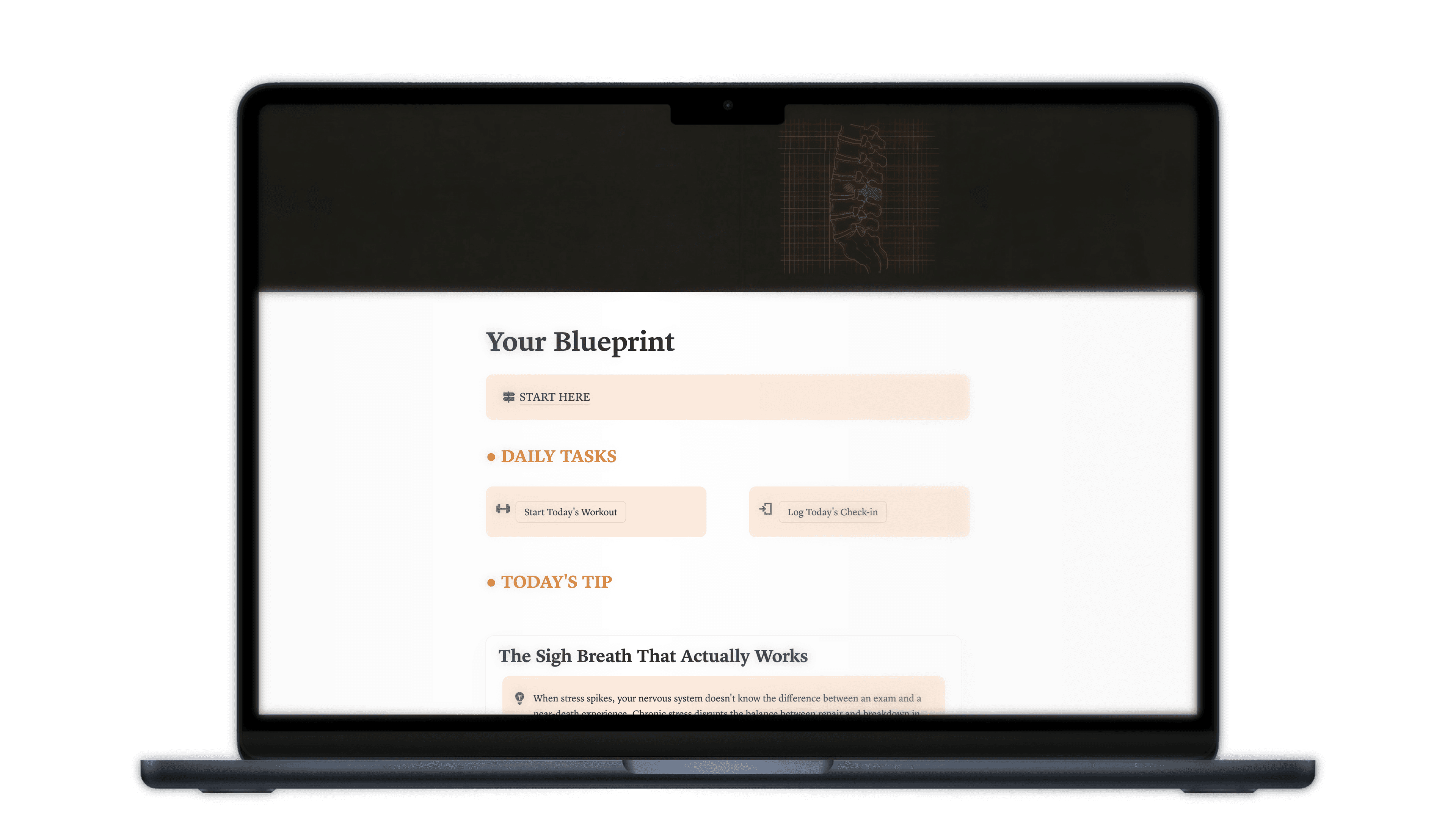 Back Again Blueprint dashboard shown on a MacBook