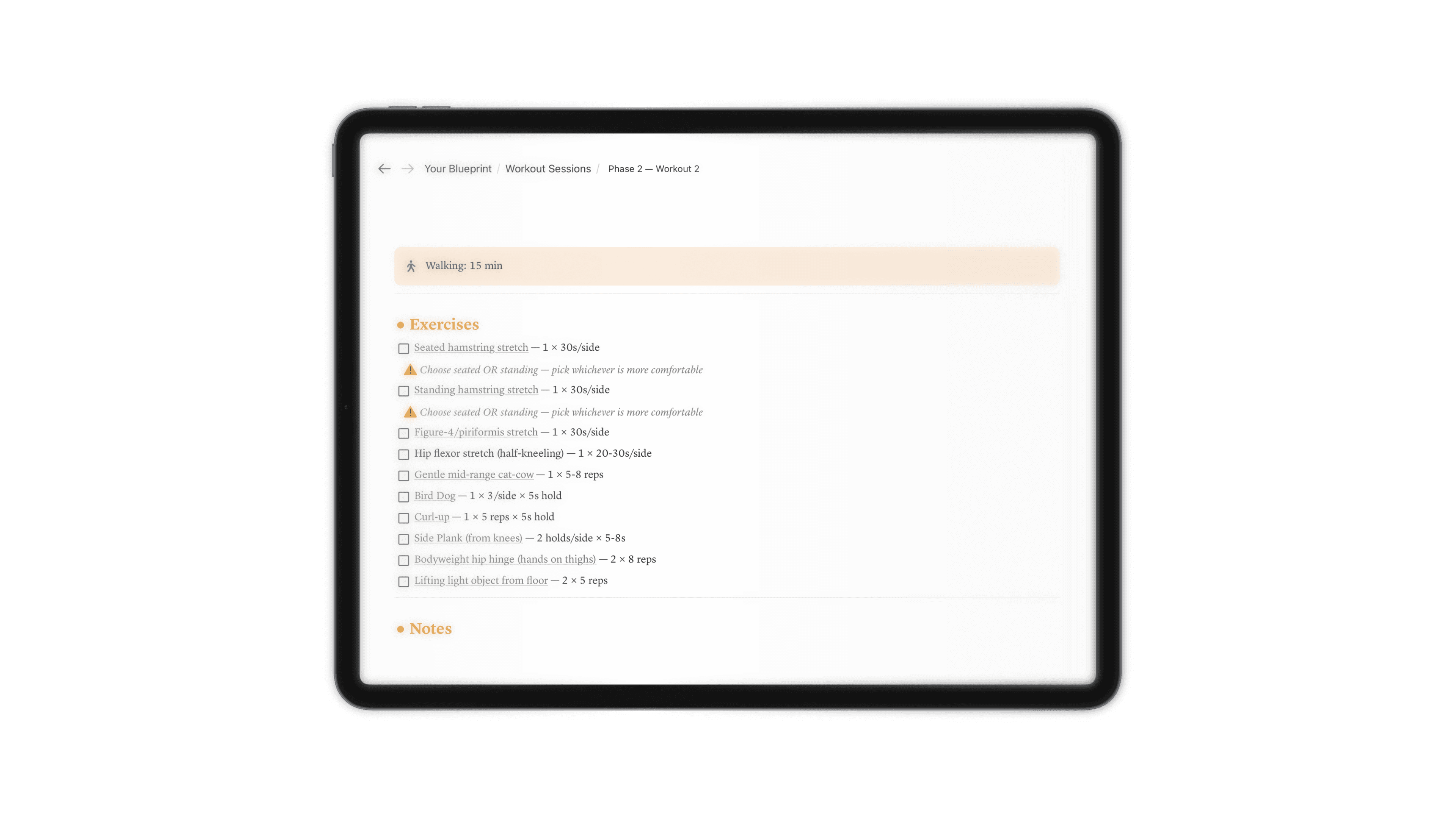 Workout session shown on an iPad
